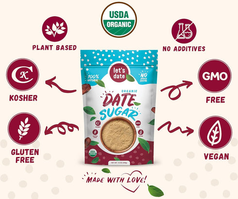 (12oz (Pack 2)) Lets Date | Organic Date Sugar | Excellent Sugar Substitute | Baking Sugar Alternative | Good Source
