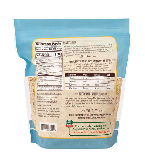 32oz (Pack 4) Bob's Red Mill Organic Old Fashioned Rolled Oats, of - Non GMO, Whole Grain, Vegan, Kosher