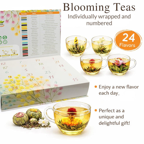 24 Set Blooming Tea & Edible Flower Infusions, Green Tea, Unique Flavors Gift for Everyone Natural, Floral & Aromatic