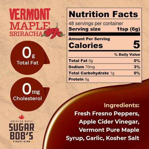 Sugar Bob’s Finest Kind Vermont Maple Sriracha, Original Sweet and Spicy Hot Sauce, 9.6 oz, Pack of 1