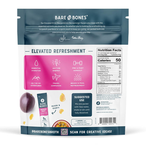 Packs 5g 16 Packets (.60 oz) Bare Bones Passion Fruit Elevated Drink Mix | Light & Flavorful | Gluten-Free & Naturally