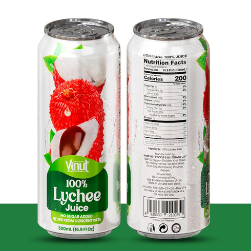 100% 16.9 oz (500 mL) Pack 12 VINUT Lychee Juice, No Added Sugar, Not From Concentrate, fl Can