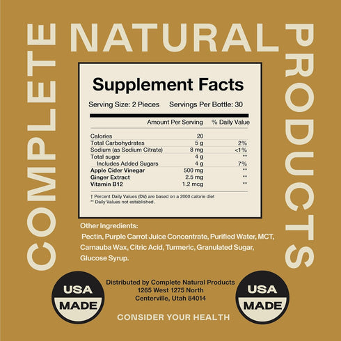 Gummies 60 Count B9, B12, Apple Cider Vinegar - Natural with The Mother, Gluten Free, Pomegranate, Beetroot, & Purple