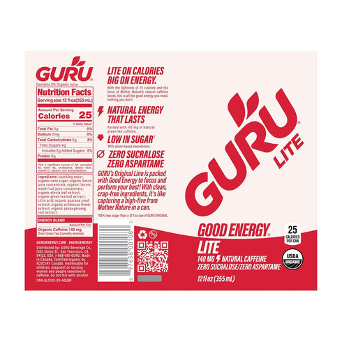 140MG 12oz (Pack 12) GURU Lite Organic Energy Drinks, Clean Energy Drink with Plant Based Natural Caffeine from Green