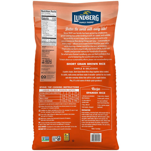 12 Lb Lundberg Organic Short Grain Brown Rice, Bulk Bag, Sticky Rice