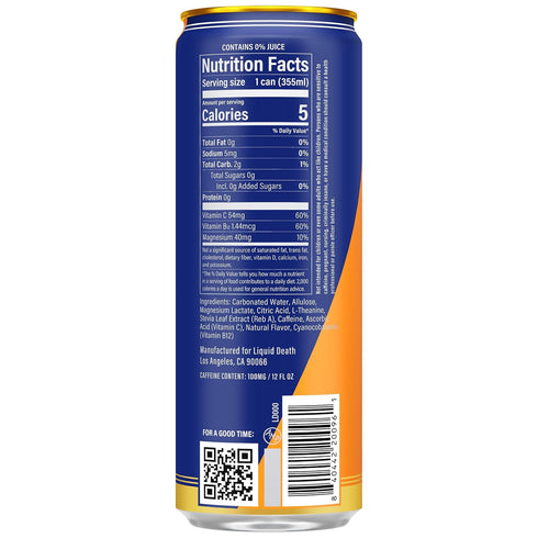 100mg, 12 Oz (Pack 12) Liquid Death Sparkling Energy - Orange Horror (Orange and Cream), Zero Sugar Energy Drink