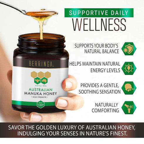 Berringa 120+ Wellbeing 100% (8.82 oz) Manuka Honey Organic MGO Mild Strength, Supports General & Digestive Balance
