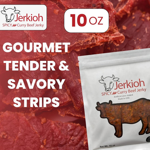 Pack, 10 oz Jerkioh Spicy Curry Premium Beef Jerky Authentic Vietnamese Street Food Flavor with Chili Heat | Gourmet