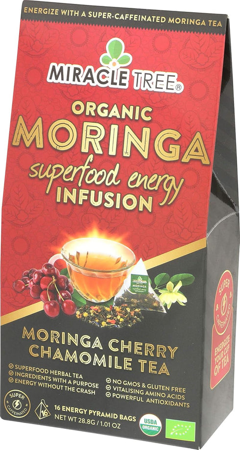 Miracle Tree's Moringa Energy Tea, Cherry Chamomile Tea, Super Caffeinated Blend, Organic Certified, 16 Pyramid Sachets