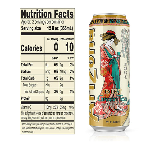 22 Oz (Pack 24) AriZona Diet Green Tea with Ginseng and Honey - Big Can, Fl