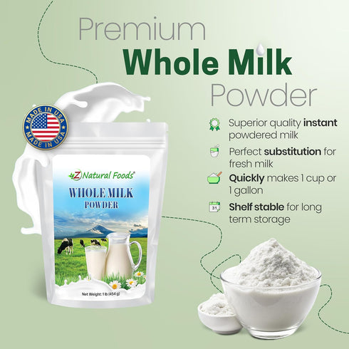 1 lb Z Natural Foods Premium Whole Milk Powder - Powdered Milk for Baking, Cooking, Drinks - Dry Milk Powder
