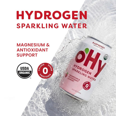 12 Pack (12oz oHy Hydrogen Sparkling Water Magnesium & Antioxidant Hydration, Zero Sugar, Zero Calories, Raspberry