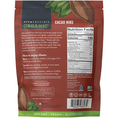 1 LB (454 Viva Naturals Organic Cacao Nibs, Unsweetened, g), Keto Friendly, Vegan, Non-GMO, Gluten-Free Chocolate Chip
