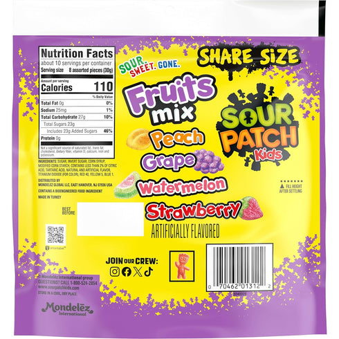 Gummy 11.03 oz SOUR PATCH KIDS Fruits Mix Soft & Chewy Candy, Share Size