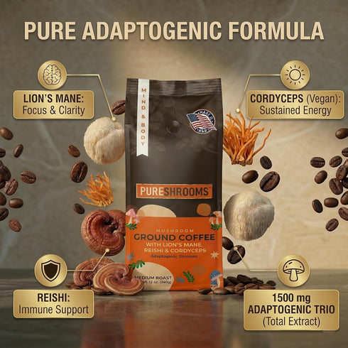 340g PureShrooms Mind & Body Ground Mushroom Coffee Focus, Energy & Mood Support Premium Arabica with Organic Lions