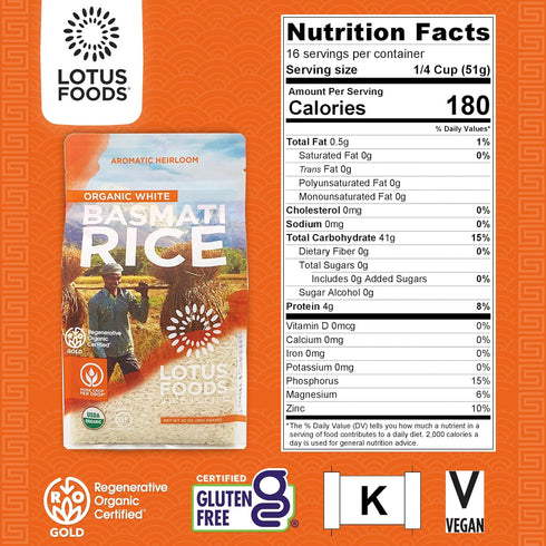 30 Oz (Pack 2) Lotus Foods Regenerative Organic White Basmati Rice - Gluten Free Long Grain White Rice, Vegan, Non GMO