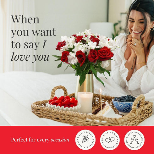 BloomsyBox Forever Blooming Bouquet Fresh Red Roses & White Alstroemeria (Glass Vase Included) Fresh Flowers