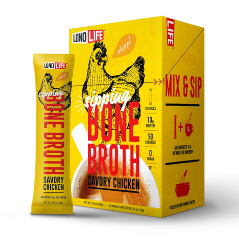 LonoLife Chicken Bone Broth Powder Mix, 10g Protein, Collagen-Rich, 10 Portable Stick Pack Servings