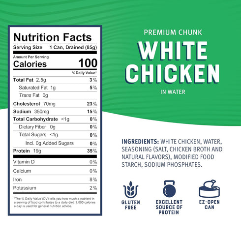13g 5 oz (Pack 24) Bumble Bee Premium White Chicken Breast with Rib Meat in Water - Protein per Serving - Gluten Free