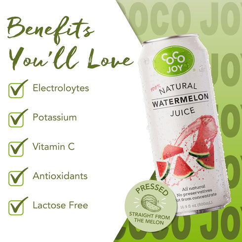 100% (12-Pack) CoCo Joy Natural Watermelon Juice, Low-Calorie Watermelon Drink