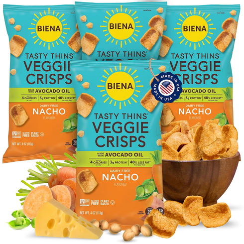 BIENA Tasty Thins Veggie Crisps Made with Avocado Oil - Nacho, 4-Pk