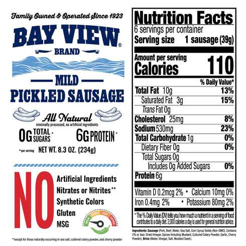 (8.3 Bay View All Natural Pickled Sausage, No Artificial Ingredients, Nitrates or Nitrites, MSG and Gluten Free