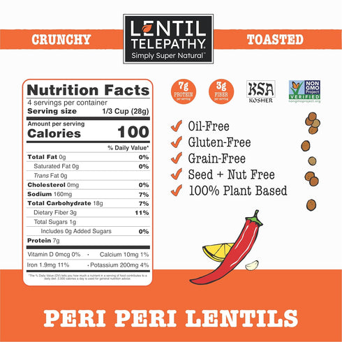4 oz 3 Pack Lentil Telepathy Peri-Peri Chili Lemon Crunchy Whole Lentil Snack, OIL FREE, Never Fried, Plant Based