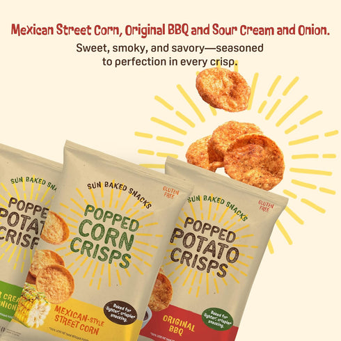 Pack 50% Multipack (Pack 12) Sun Baked Snacks Popped Crisps Variety Mexican-Style Street Corn, Original BBQ, Sour Cream