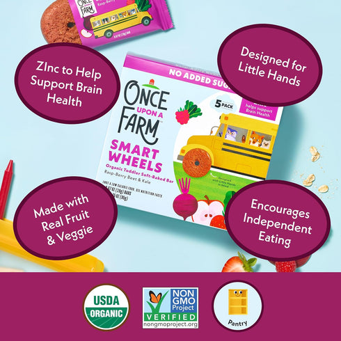 5ct Once Upon a Farm Organic Smart Wheels Toddler Bar, Rasp-Berry & Kale