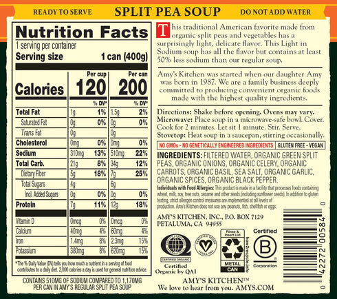 14.1 OZ (12 Pack) Amy's Soup, Vegan Split Pea Canned Soup, Light in Sodium, Gluten Free, Made With Organic Vegetables