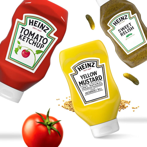 100% Pack (12 Pack, 4 Packs 3 Heinz Tomato Ketchup, Sweet Relish & Natural Yellow Mustard Picnic Variety ct of Bottles