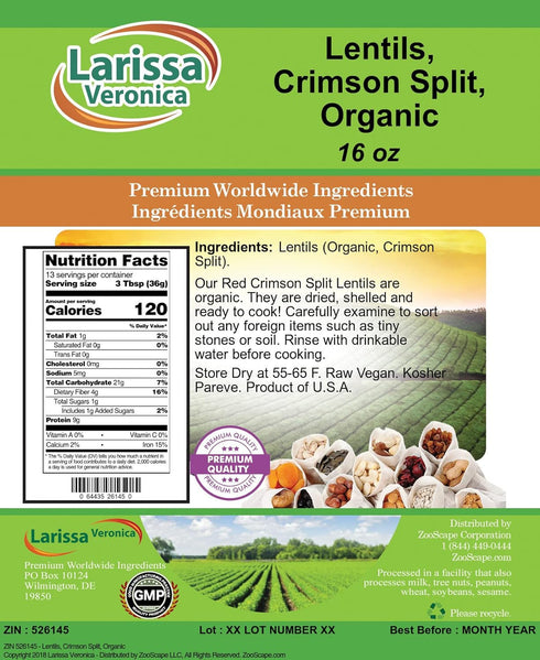 Larissa Veronica (16 oz, 526145) Lentils, Crimson Split, Organic ZIN: