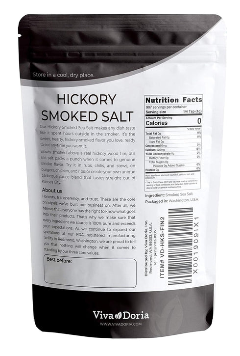 2 lb Viva Doria Hickory Smoked Sea Salt, Hickorywood Salt, Fine Grain