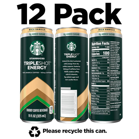 165mg 11 oz (12 Pack) Starbucks Tripleshot Coffee Energy Drink, Vanilla, Triple Blend, Caffeine, B Vitamins, Protein