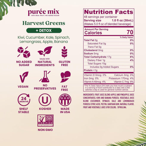 100% 2-Pk, 48oz Smartfruit Harvest Greens + Detox Real Fruit Pure with Kiwi, Cucumber, Kale, Spinach, Lemongrass, Apple