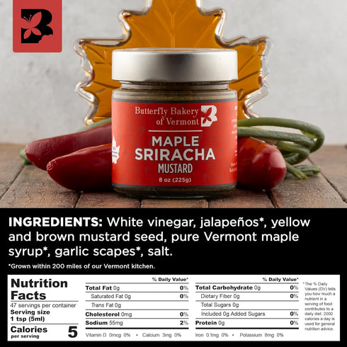 8 oz Butterfly Bakery of Vermont - Maple Sriracha Mustard, Sweet and Spicy Gourmet Mustard Spread Made