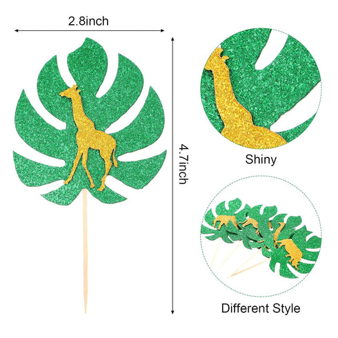 36 Pieces Jungle Style Animal Cupcake Toppers, Gold Glitter Palm Leaves Cake Decorations for Parties