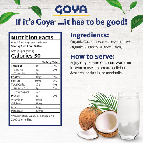 100% 2-Pack (16.9 oz Goya Organic Pure Coconut Water, Tropical Hydration for Smoothies, Mocktails, and Post-Workout