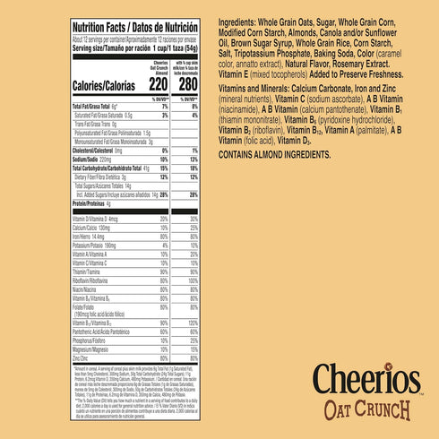 24 oz Cheerios Oat Crunch Almond Breakfast Cereal, Made with Whole Grain, Family Size