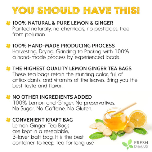 Premium 75 Lemon Ginger Tea Bags, 100% Natural Ingredients, Hand-made Blend of Lemon and Ginger Flowers, Eco-conscious Tea Bags. Lemon Ginger Herbal Tea. No Sugar, No Caffeine, No Gluten, Vegan.