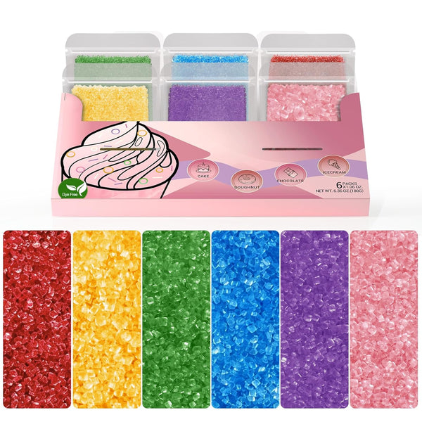 Huebeaty 6-in-1 Dye Free Rainbow Sanding Sugar Sprinkles 180g Natural Edible Sprinkles for