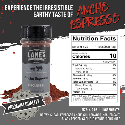 4.0 oz Lane's Ancho Espresso Coffee Rub, - All Natural BBQ Rub Steak Seasoning with Ancho Chili & Espresso - Creates