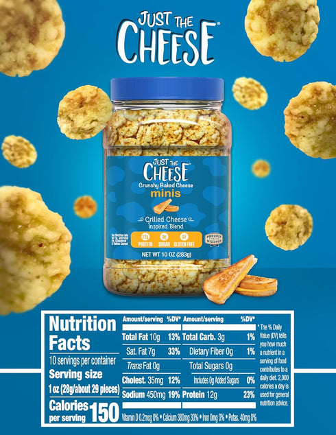 10 oz Just the Cheese Minis Grilled Cheese Crisps, Jar, Delicious Low-Carb Lifestyle Protein Chips, High-Protein