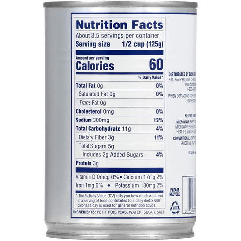 15 oz (Pack 12) BUSH'S BEST Canned Dubon Petit Pois Green Peas, Source of Plant Based Protein and Fiber, Vegetarian