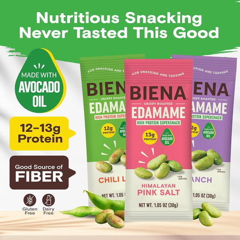 12g-13g 18-Pack 1.05oz Pack Biena Crispy Roasted Edamame Beans Snack High Protein Low Carb Snack for Adults & Kids