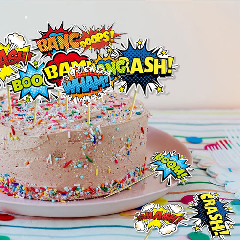 SuperHero Boom Cupcake Toppers 48 Pack, Happy Birthday Cake Decor for Kids Hero Theme Birthday Party Supplies