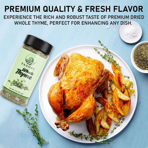 (2oz) Fasori Thyme Leaves Premium Dried Whole Thyme Herb, Aromatic Mediterranean Spice for Cooking, Roasts, Chicken