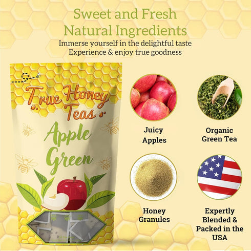 24 Count True Honey Apple Green Tea Bags - Honey Crystals Blended in Every Sachet - Young Hyson Green Tea with Apple