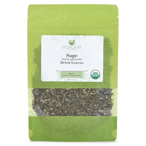 Biokoma Pure and Organic Sage Dried Leaves - 50g (1.76oz) in Resealable Pouch, USDA Certified Organic
