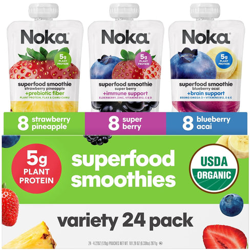 Noka Superfood Smoothie - Variety Pack with Strawberry Pineapple, Super Berry, &